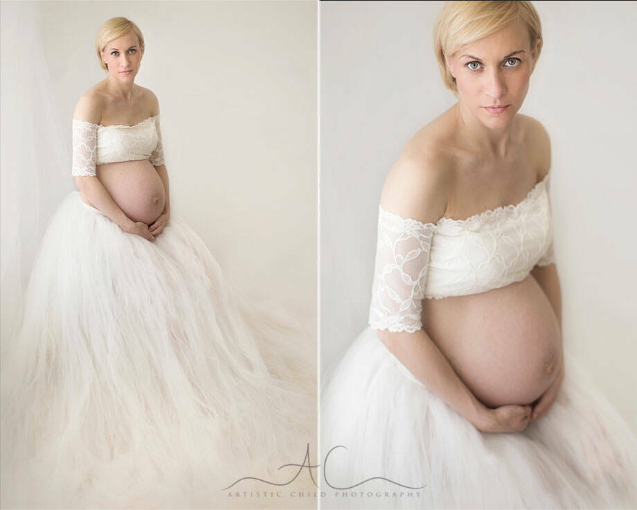 Professional London Pregnancy Photos | diptych of pregnant mum wearing white tutu skirt