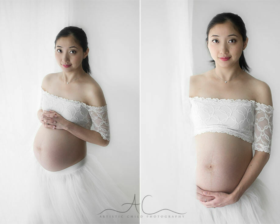 South East London Pregnancy Photographer | Phoebe 2 diptych of pregnant woman wearing white tutu skirt | London