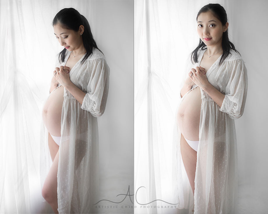 South East London Pregnancy Photographer | Phoebe 5 double maternity portrait of pregnant woman standing next to the window | London