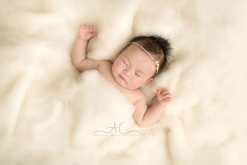 Professional London Baby Girl Portraits | Eleanor 4 3 months old baby girl sleeping in white wool blanket | London