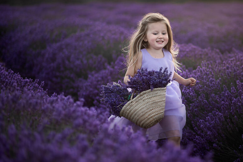 Mini Photography Sessions in Lavender Field | 4 year old girl runs through lavernder field with a basket full of lavender flowers