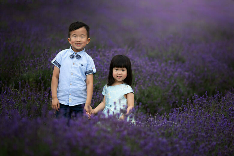 London Sibling Photography in Lavender Field | borther and sister holding hands in lavender field