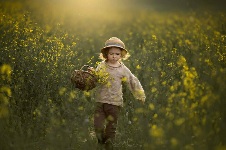 Rapeseed Field South East London Child Photography | backlit spring portrait of a 4 year old boy walking in the field of yellow
