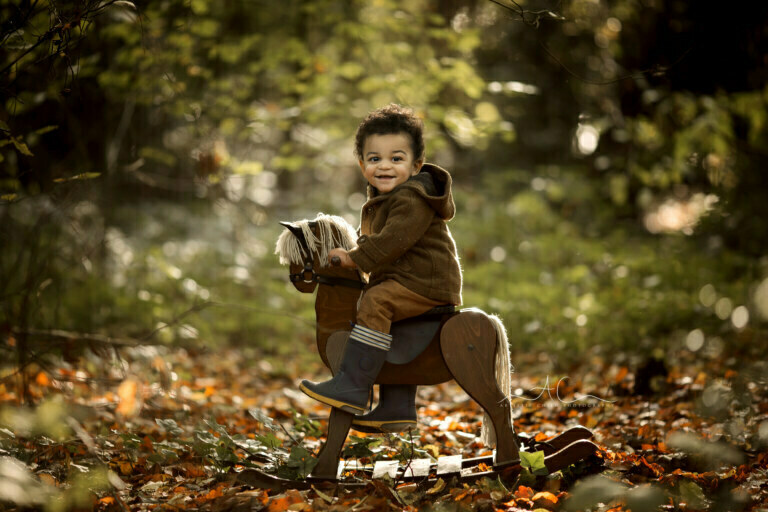 Awesome Autumn London Toddler Photography | portrait of a 2 years old boy sitting on a wooden rocking horse taken in woods