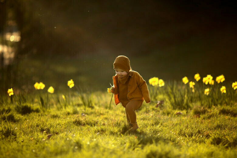 Best Spring London Baby Photo Session | backlit photo of a baby girl walking in between daffodils flowers