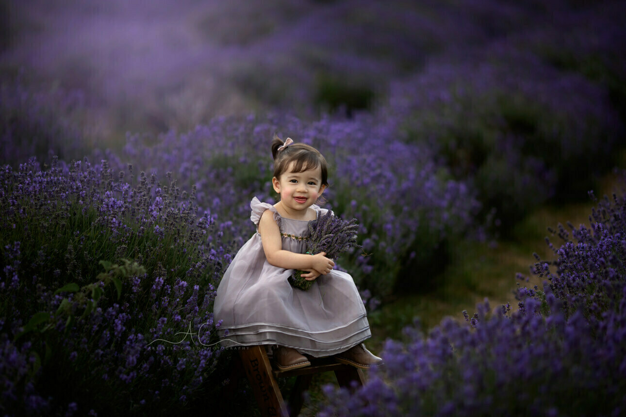 Best London Toddler Portraits in Lavender Field | photo of 18 months old baby girl sitting on the ladder steps in lavender field and holding a bunch of lavender flowers