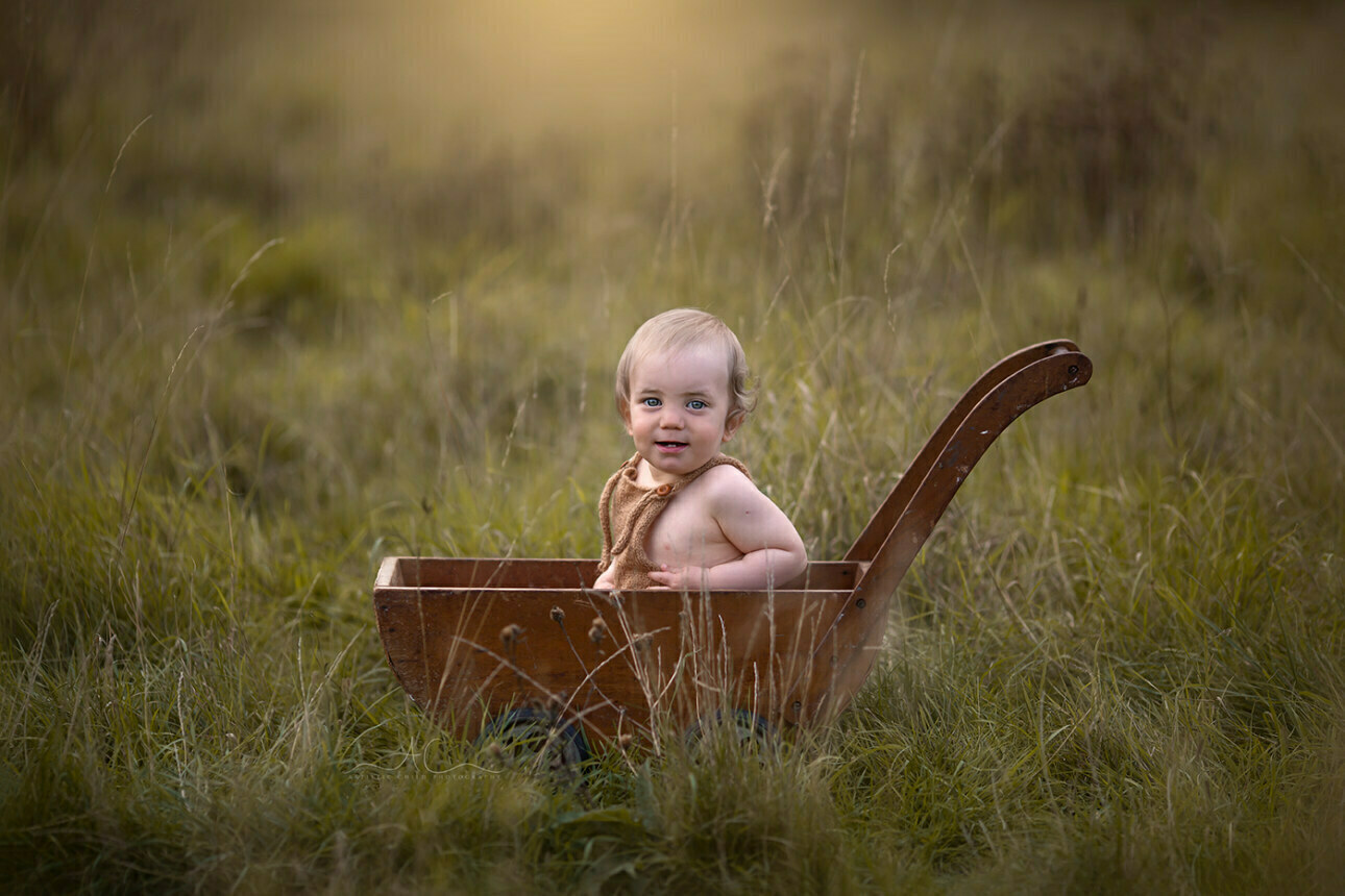 6 Gorgeous Bromley Toddler Pictures | Gabriel 5 Gorgeous Bromley Toddler Pictures | 1 year old toddler boy sitting in a wooden trolley during an outdoor photoshoot