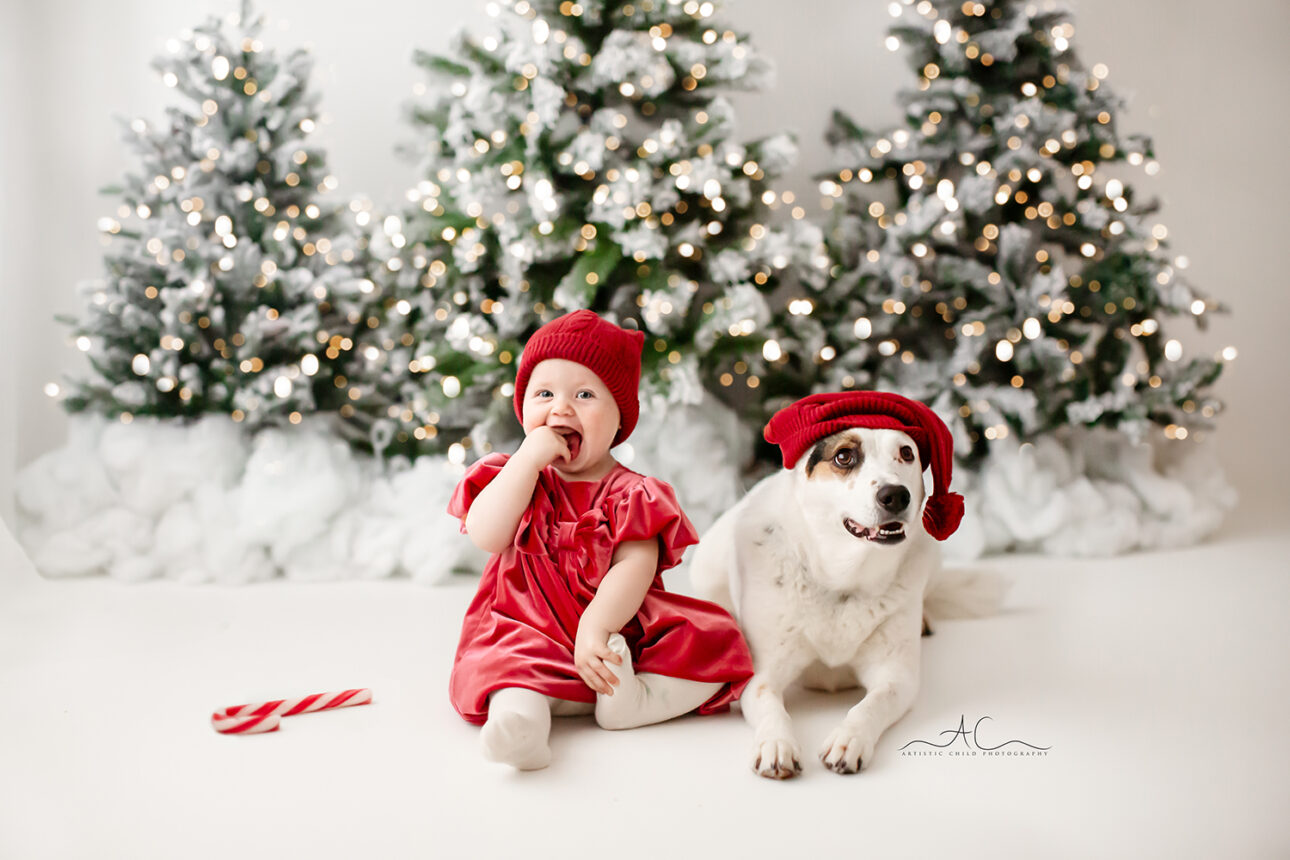 London Christmas Mini Sessions | Christmas portrait of a baby girl and her dog